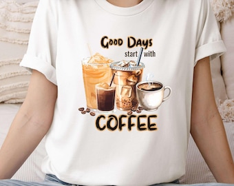 以下が含まれることがあります： コーヒーをテーマにしたグラフィックが特徴の白いTシャツ。デザインには、アイスコーヒー、氷入りのコーヒー、コーヒーカップ、コーヒー豆のイラストが含まれています。テキストは「Good Days start with COFFEE」と書かれています。