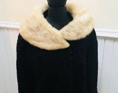 Vintage 1950s Elsa Schiaparelli Bamberger 39 s New Jersey Black Persian Lamb Rabbit Fur Collar Cuffs Coat - S M