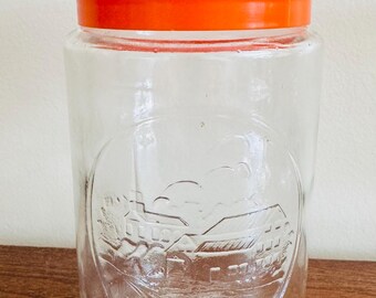 Vintage 1970s Tang Jar Anchor Hocking Church Orange Lid Glass Kitchen Storage Jar