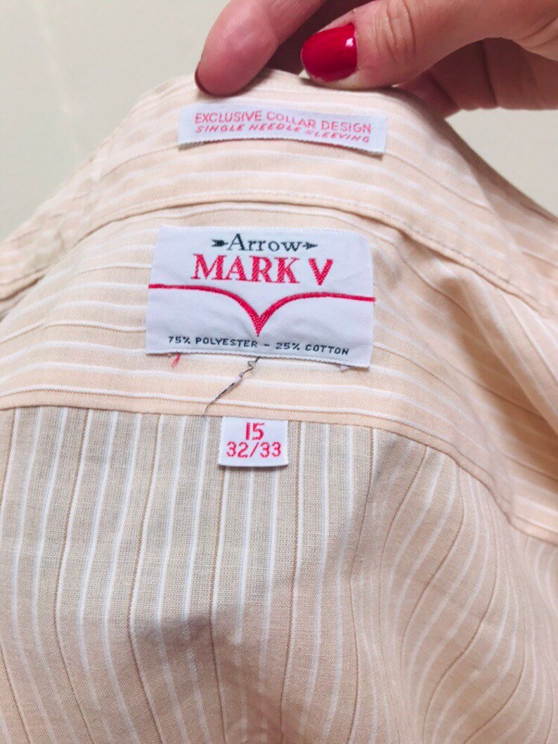 Vintage 1970s Striped Peach and White Men/'s Shirt by Arrow Mark V 15 32 33