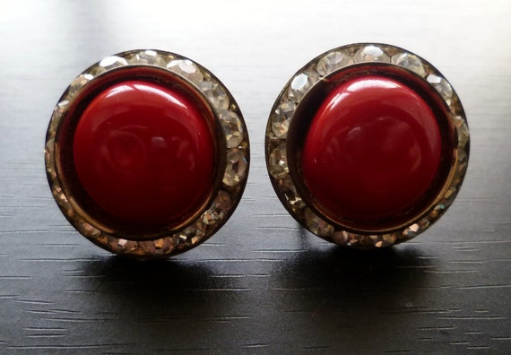 Vintage 1960s Ruby Red Cabachon & Crystal Sparkly… - image 2