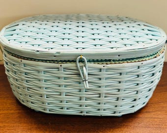 Vintage 1960s Light Blue Wicker Satin Lined Sewing Basket