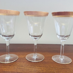 Vintage Goldrand Set von 3 Tiffin Rambler Rose Klar Wasser Kelch Gläser MCM