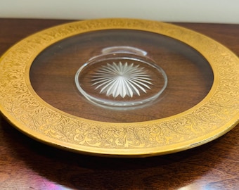 Plato de servir de cristal vintage Heisey con borde dorado