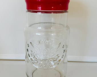 Vintage 1970s Anchor Hocking Tang Jar: Americana Eagle Red Lid