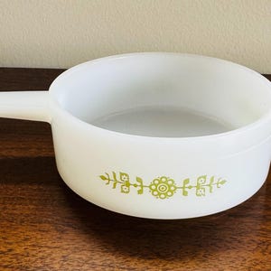 Vintage 1950s Milk Glass Green Flowers Glasbake Soup/Chili Serving Bowl with Handle