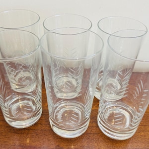 Peut inclure: Six verres à boire transparents gravés d'un motif de feuilles. Les verres sont hauts et cylindriques, avec un bord légèrement évasé. Ils sont disposés sur une surface en bois et sont parfaits pour servir de l'eau, du jus ou d'autres boissons.