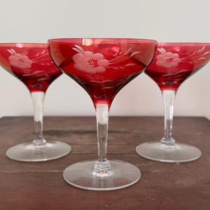 Vintage Cranberry Red Crystal Cut to Clear Champagne Glasses - 3