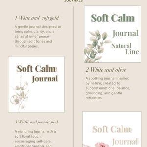 Op de afbeelding: Een advertentie voor de "Soft Calm Journal" serie. De afbeelding toont drie journal ontwerpen: "Wit en zacht goud", "Wit en olijf" en "Wit en poederroze". Elk journal wordt beschreven met een korte beschrijving en bloemen of botanische illustraties.