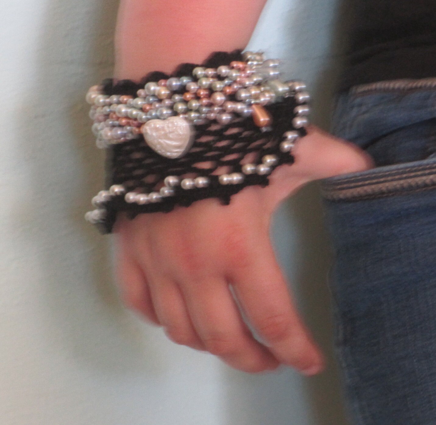Black cuff bracelet with Pearls crocheted Etsy