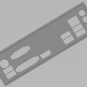 Puede incluir: Una placa base de ordenador gris con varios recortes para componentes. La placa rectangular tiene varias aberturas rectangulares y circulares, y está colocada sobre un fondo gris claro. El diseño es una vista superior de la placa.