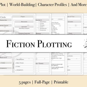 May include: A printable, full-page fiction plotting template with 5 pages. The design includes sections for plot circles, character profiles, and world-building. The title "Fiction Plotting" is prominently displayed.