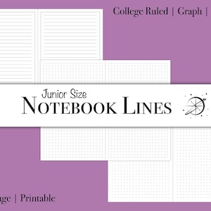 May include: A purple background with white paper samples featuring college-ruled, graph, and dotted lines. The text "Junior Size NOTEBOOK LINES" is displayed on a white banner. Additional text includes "Half-Page | Printable".