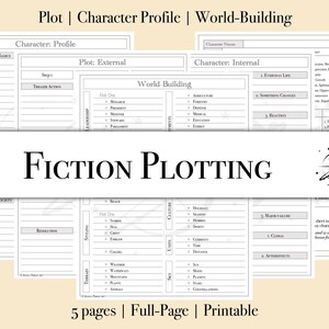 Può includere: Una raccolta di fogli di lavoro stampabili per la trama di finzione. Le pagine includono sezioni per i profili dei personaggi, lo sviluppo della trama e la costruzione del mondo. Il titolo "Fiction Plotting" è visualizzato in lettere grandi e in grassetto.