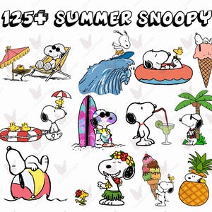 May include: A collection of Snoopy illustrations titled 125+ SUMMER SNOOPY, featuring the character in various summer activities like surfing, lounging on a beach chair, drinking from a glass, wearing a floral lei, and interacting with ice cream.