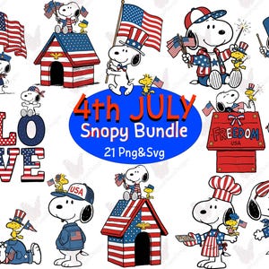 May include: A digital collection of Snoopy and Woodstock illustrations featuring American flag themes, including doghouses, patriotic outfits, and the text 4th JULY Snopy Bundle 21 Png&Svg. The characters are shown in various poses with stars and stripes.
