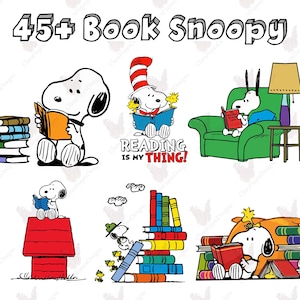 May include: A collection of Snoopy illustrations featuring the character reading books in various settings, including sitting on a red doghouse, lounging in a green armchair, and surrounded by stacks of colorful books with the text 45+ Book Snoopy.