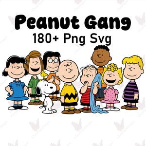 May include: A digital graphic featuring the Peanuts gang characters including Charlie Brown, Snoopy, and Woodstock. The text above the characters reads Peanut Gang 180+ Png Svg. The characters are depicted in their classic colourful outfits and styles.
