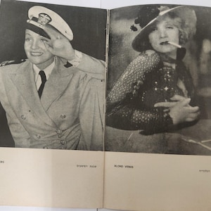 Puede incluir: Fotografía vintage en blanco y negro de una revista con dos retratos. La imagen de la izquierda muestra a una persona con uniforme naval saludando. La imagen de la derecha muestra a una persona con sombrero fumando un cigarrillo. Los textos "SEVEN SINNERS" y "BLOND VENUS" son visibles.