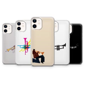 May include: A collection of phone cases featuring trumpet-themed designs. The cases display illustrations of trumpets in various styles, including colorful, minimalist, and silhouette designs. One case shows a musician playing a trumpet.
