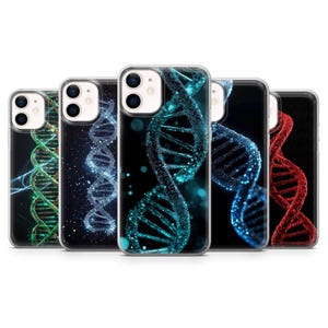 May include: Several phone cases showcasing a DNA double helix design. The cases feature the helix in shades of green, blue, and red, set against a black backdrop. The cases are transparent, allowing the phone's original design to be visible.