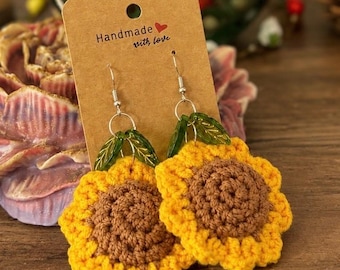 Hand Crochet Sunflower Earrings, Boho Floral Yarn Dangle Jewelry (7.8 cm × 5.2 cm)