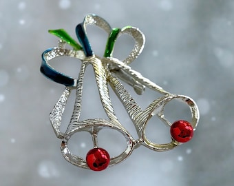 Vintage Gerry’s Silver Bell Christmas Brooch Pin Silver Tone Red Blue Green Enamel Bow Xmas Holiday Festive MCM Costume Jewelry SIGNED