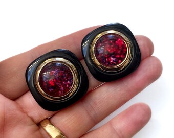 BOLD 80s - 90s Acrylic Stud Earrings Black Gold Magenta Pink - Retro Mob Wife Style Pierced Earrings - Colorful Statement Vintage Jewelry