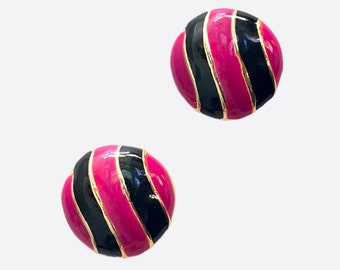 Vintage 80s Stud Earrings Black Pink Enamel Gold Tone Pierced Bright Colorful Small Lightweight Barbiecore Retro Prom Costume Jewelry