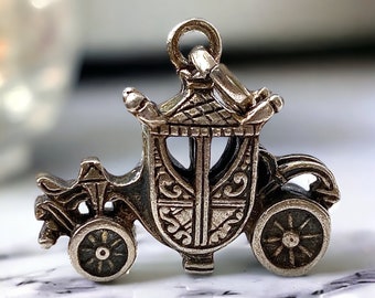 Vintage Sterling Princess Carriage Charm Pendant 935 Silver Ornate Detailed Cinderella Ball Coach Stagecoach Solid & Heavy