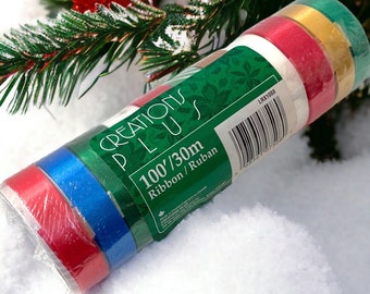 VTG Christmas Curling Ribbon Satin Sheen Festive Gift Wrapping Bow Making Holiday Craft Supplies Red Green Blue White Yellow UNUSED