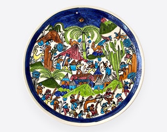 VTG Mexican Folk Art Ceramic Wall Plate Signed Jesús Român Guerrero Hand Painted Cobalt Blue Green Cactus Landscape Boho Decor
