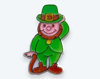 Vintage 80s Leprechaun Pin St. Patrick’s Day Green Irish Good Luck Charm Ireland Cute Colorful Plastic Brooch Kids Costume Jewelry Shamrock
