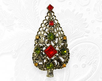 VTG DODDS Christmas Tree Brooch Orange Green Rhinestones Crystals Antiqued Gold Tone Filigree MCM Xmas Holiday Costume Jewelry Signed