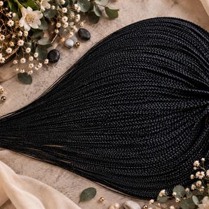 May include: A large bundle of thin, black synthetic hair extensions styled in tight, uniform micro-braids. The braids are gathered at one end with a green elastic band and fan out into long, straight, tapered ends, creating a heart-like shape.