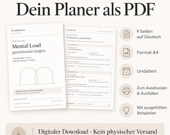 Könnte beinhalten: Ein digitaler PDF-Planer mit dem Titel PureMinima Mental Load gemeinsam tragen, bestehend aus A4-Seiten mit deutschem Text, undatierten Layouts und ausgefüllten Beispielen. Enthält Symbole für neun Seiten, A4-Format und Druckoptionen.
