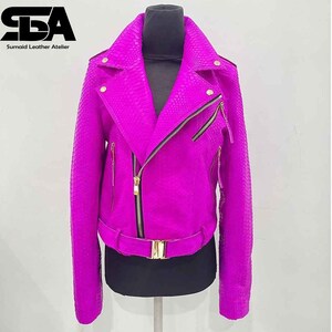 May include: A vibrant magenta leather jacket with a snakeskin texture. The jacket features a classic biker style with a notched collar, asymmetrical zipper, and a belt at the waist. Gold-tone hardware accents the jacket, including zippers and a buckle.