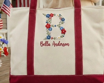 Personalized Patriotic Floral Monogram Tote Bag, Custom Embroidered Name Canvas Tote, Red White Blue 4th of July Gift, Independence Day Bag