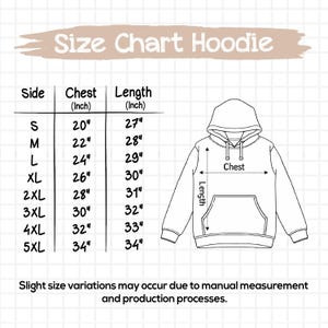 May include: A white size chart for a hoodie, with measurements in inches. The chart includes sizes S to 5XL, with chest measurements from 20" to 34" and lengths from 27" to 34". A hoodie illustration is also present.
