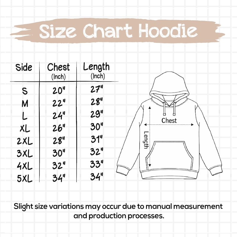 May include: A white size chart for a hoodie, with measurements in inches. The chart includes sizes S to 5XL, with chest measurements from 20" to 34" and lengths from 27" to 34". A hoodie illustration is also present.
