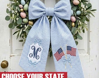 Custom Monogram Patriotic Wreath Sash, Embroidered USA Flag Bow, Red, White and Blue Decor, 4th of July Bow, Housewarming Gift, USA Sash.