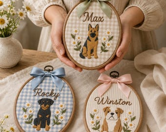Embroidered Custom Dog Name Hoop, Personalized Shepherd Rottweiler Bulldog  Wall Art, Floral Pet Portrait, Dog Lover Gift, Asthetic Gift