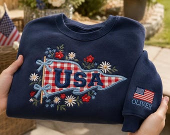 Embroidered Custom USA Gingham Applique Shirt, Custom Pennant Shirt, 4th of July Red Checkered Tee, Floral Patriotic Gift, USA Gift
