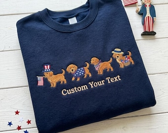 Embroidered Golden Retriever Patriotic Shirt, Custom Dog Lover Sweatshirt, Personalized USA Flag Puppy Crewneck, 4th of July Gift