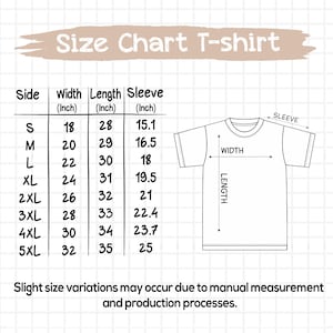 May include: A size chart for a t-shirt, with measurements in inches. The chart includes sizes S to 5XL, detailing width, length, and sleeve dimensions. The text "Size Chart T-shirt" is at the top, with a diagram of a t-shirt.