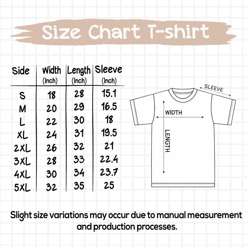 May include: A size chart for a t-shirt, with measurements in inches. The chart includes sizes S to 5XL, detailing width, length, and sleeve dimensions. The text "Size Chart T-shirt" is at the top, with a diagram of a t-shirt.