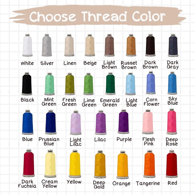 May include: Image showing a color chart with thread colors. The text "Choose Thread Color" is at the top. Colors include white, silver, black, blue, red, and many more. Each color is labeled with its name.