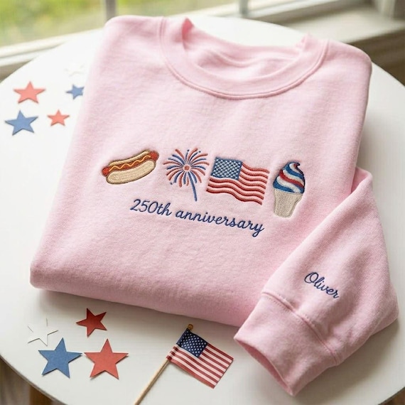 Embroidered 4th Of July Sweatshirt, Patriotic Summer Crewneck, USA Flag Fireworks Shirt, Custom Name Sleeve, Independence Day Outfit