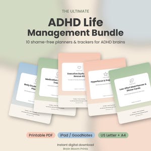 May include: A digital ADHD Life Management Bundle featuring 10 planners and trackers. The image displays five pastel-colored cards with titles like Body Doubling Planner, Medication Tracker, Executive Dysfunction Rescue Kit, Hyperfocus & Project, and Low-Effort Meal Planner.