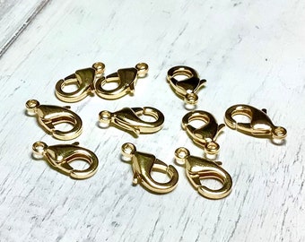 10pc-15mm x 8mm High Quality Gold Plated Lobster Claw, Large Lobster Claw, Gold Lobster Claw, 15mm Lobster, Shiny Gold Clasp, Large Lobster